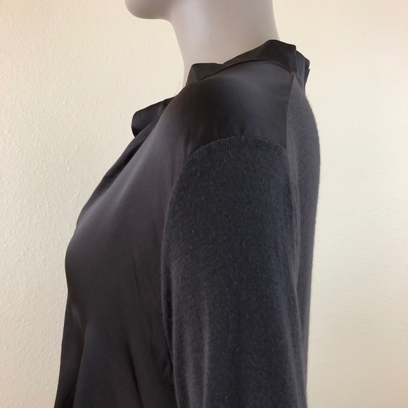 Halston Heritage faux tuck silky mixed media top long sleeves V-neck band collar - Picture 7 of 11